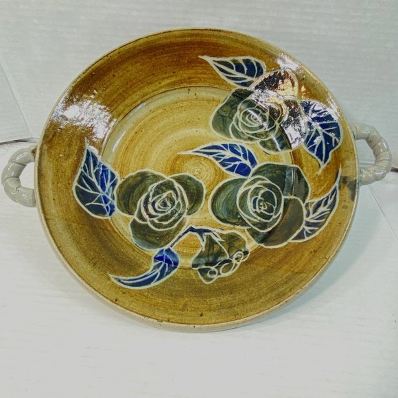 Hand Thrown Stoneware Pottery Glazed Bowl Signed by Artist Floral 11"W Handmade - Picture 2 of 13